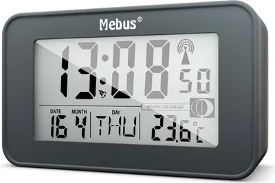 A digital alarm clock displaying the time, date, and temperature.