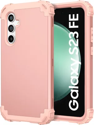 A pink protective case for a Samsung Galaxy S23 FE phone is shown next to the phone itself.