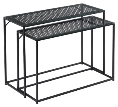 Image de WOHNLING Ensemble de 2 tables consoles Noir Métal avec plateau en verre Tables décoratives modernes pour l'entrée du salon Tables de rangement étroites dans un style industriel peu encombrant