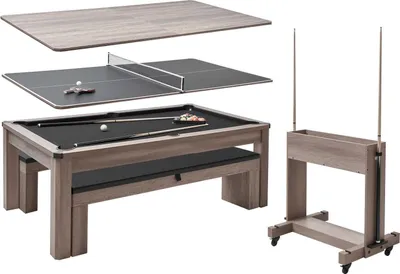 Produktbild von Billardtisch 214 cm - 3-in-1 Multifunktionstisch - Mit Esstischplatte & Tischtennisplatte - 2 Bänke Mit Stauraum - Bis 137 kg Belastbar - Inkl. Queue-Ständer & Kreidebürste
