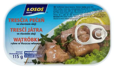Zdjęcie produktu dla Wątróbki rybne w tłuszczu własnym 115g Łosoś Ustka 0,11 kg