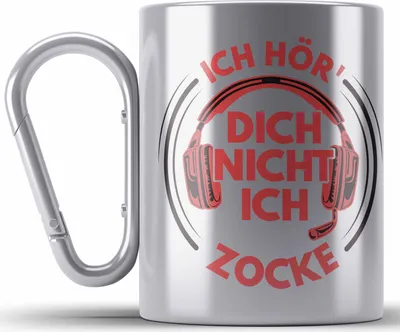Produktbild von Trendation - Zocker Edelstahl Tasse Karabiner Geschenk Ich Höre Dich Nicht Ich Zocke Gamer Geschenkidee Lustiger Spruch Gaming (Silber)