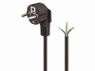 A black angled Schuko power cord with its wires exposed.