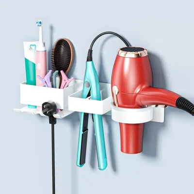 Produktbild von Föhnhalter Wand Ohne Bohren mit Fächern & Kabelaufbewahrung Weiß