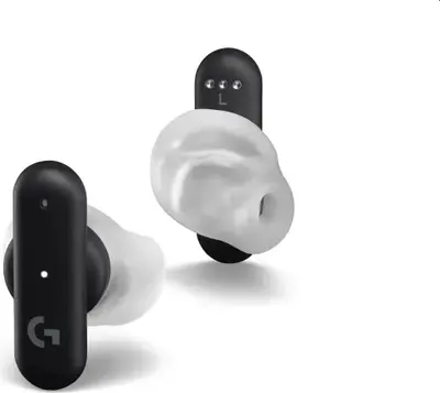 Two black wireless earbuds with white ear tips are shown against a white background.