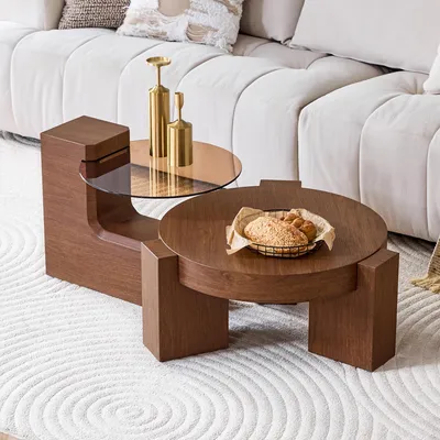 Image de Ensemble de tables basses séparables, table basse, tables basses rondes, table basse, ensemble de 2 tables basses, tables d'appoint, couleur noyer, table à manger, aspect noyer
