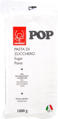 A white bag of sugar paste with product information and branding.