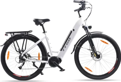 A white electric bicycle is shown against a white background.