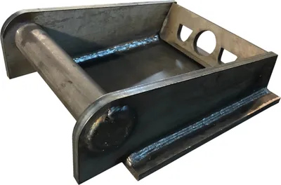 A metal bracket with a cylindrical bar and a flat plate, welded together. The bracket has cutouts on one side.