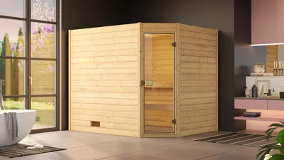 Produktbild von weka Massivholz-Sauna VALIDA Eck Gr. 4 Sparset 9,0 kW K inkl. integrierter Steuerung, Glastür x B x T x H x 239 x 189 x 204