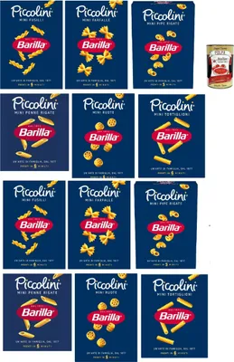 Produktbild von Barilla Piccolini Probierpaket, 12 Mini-Pasta Sorten: Mini Fusilli, Mini Farfalle, Mini Pipe Rigate, Mini Penne, Mini Ruote, Mini Tortiglioni, Kochzeit 5–6 Min, Hartweizengrieß + Italian Gourmet polpa