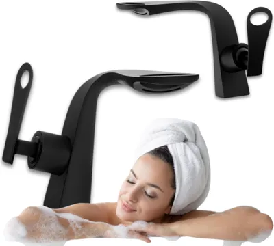 A collage featuring two black faucets and a woman relaxing in a bubble bath.