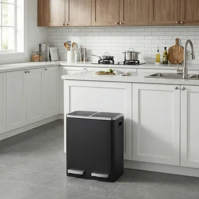 Image de SONGMICS Poubelle de cuisine, 2 x 15 litres, système de tri des déchets 2 compartiments, 15 sacs poubelle inclus, poubelle, poubelle à pédale, pour déchets recyclables, déchets organiques