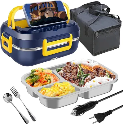 Produktbild von Elektrische Lunchbox, 60W 2-in-1 Tragbarer Warmhaltebehälter, mit 1,5 l Edelstahlbehälter, Elektrische Brotdose, Thermobehälter für Auto, Haus, Blau
