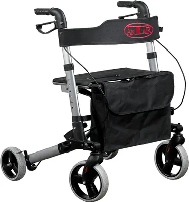 Produktbild von Antar Rollator Leichtgewicht 3fach faltbar, silber, Komplett-Set mit Gurt und Stockhalter