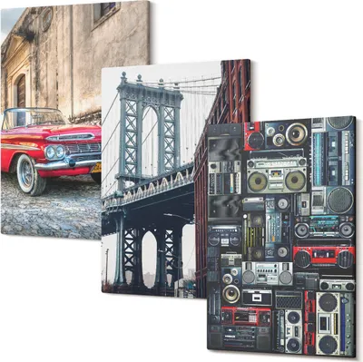Produktbild von Leinwandbild – Wandbild – Leinwandbilder – Kunstdruck – Polycanvas – Modern – Mehrteilig – 3-Teilig Set – Hochwertig – Geruchslos – Lichtecht – Fertig Aufgespannt – 20x30 Cm Je Teil - Ein altes Auto auf der Straße in der Nähe der Brooklyn Bridge und Retro-Audiogeräte