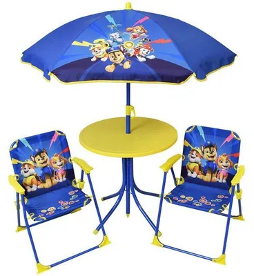 Immagine prodotto di Set di mobili da giardino PAW PATROL – 1 tavolo (46 x Ø 46 cm), 2 sedie (53 x L 38,5 x P 37,5 cm) e 1 ombrellone (H 125 x Ø 100 cm)