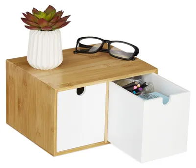 Image de Organiseur de bureau, 2 tiroirs, bambou et MDF, boîte de rangement de bureau, H x l x P : 14,5 x 24,5 x 20