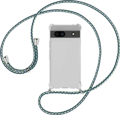 Produktbild von Handykette Backcover-Schutzhülle mit Band (Metall silberfarben) für Google Pixel 7a - grün/blau/weiß