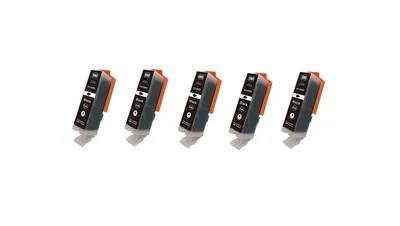 Five black and orange ink cartridges are arranged in a row against a white background.
