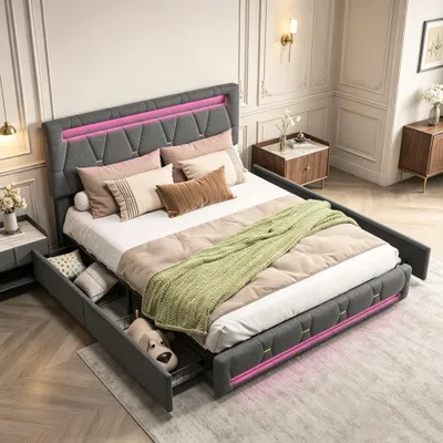 Immagine prodotto di Letto imbottito INONEFT, 140x200 cm, con 4 cassetti, poggiatesta regolabile in altezza, letto matrimoniale con LED e rete a doghe, letto multifunzionale con contenitore, rivestito in lino