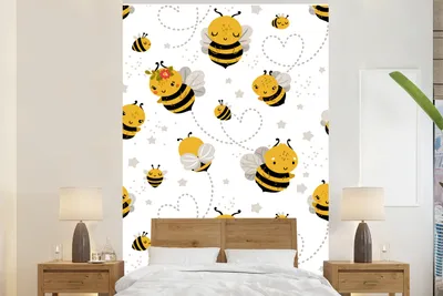 Produktbild von MuchoWow® Fototapete für Wohnzimmer oder Schlafzimmer Wandtapete Vinyl Motivtapete Muster - Bienen - Herzen - 160x240 cm - Vinyltapete