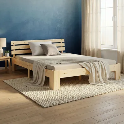 A bedroom scene with a wooden bed.