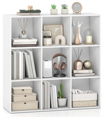 Produktbild von COSTWAY Bücherregal aus Holz, Bücherschrank mit 9 Fächern, Würfelregal mit Kippschutz-Set, Standregal, Aufbewahrungregal 90 x 30 x 90 cm, Weiß