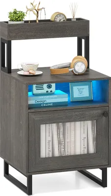 Obrázok produktu pre COSTWAY 1 ks Nočný stolík s LED diódou, nočný stolík s hornou priehradkou, otvorenou priehradkou, úložnou skrinkou a dvierkami, sivý
