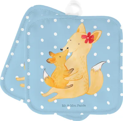 Produktbild von Mr. & Mrs. Panda Topflappen Fuchs Mama - Blau Pastell - Geschenk, Muttertag, Kochlappen, Schoß, Topfuntersetzer, Mutter, Ofenlappen, Mami, Set, topfhalter