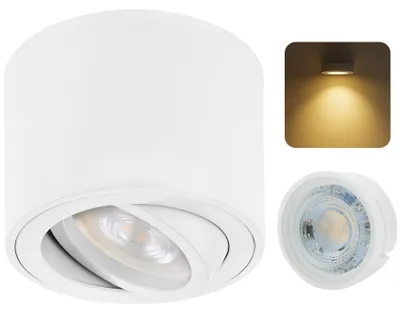 A collage of images showing a white LED ceiling light, a close-up of its LED bulb, and an example of it illuminating a wall.