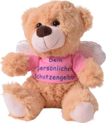A plush teddy bear with angel wings wearing a pink t-shirt.