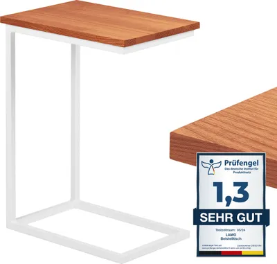 Produktbild von LAMO Manufaktur Beistelltisch | Laptoptisch | Sofatisch | mobiler Kaffeetisch | Nachttisch | 45x30x60 cm | Gestell Weiß | 100% Echtholz Massiv Platte farbe: Dunkel
