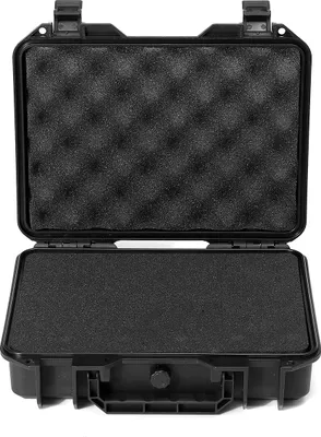An open black hard case with foam padding inside, shown from a front-facing angle.
