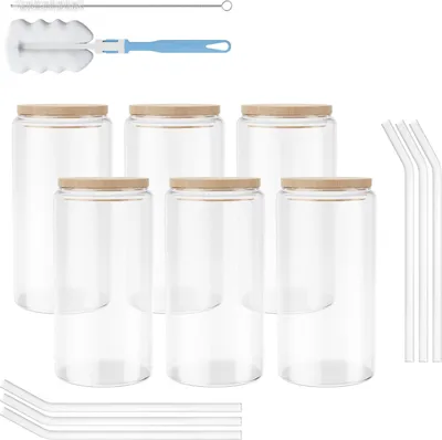 Image de JOIEYOU Verres à boire avec couvercle et paille 550ml Verres en verre avec brosse de nettoyage Verres à matcha Set de verres pour café glacé Latte Macchiato Cocktails, 6 pièces