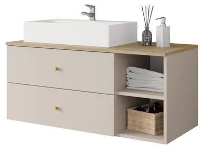 Produktbild von MIRJAN24 Waschbeckenschrank Kertos mit Waschbecken, mit Siphon, mit zwei Schubladen (Farbe: Wüstensand / Wüstensand + Eiche Cremona)