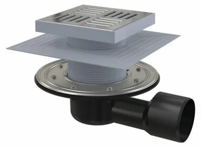 Obrázok produktu pre Podlahová vpusť bočná DN50/75 mriežka nerez 150mm, vodná/suchá uzávera