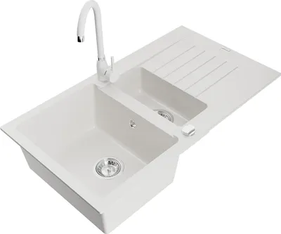 Immagine prodotto di Mexen Matias lavello in granito 1,5 vasche con scolapiatti e rubinetto da cucina Telma, bianco - 6502-20-670200-20