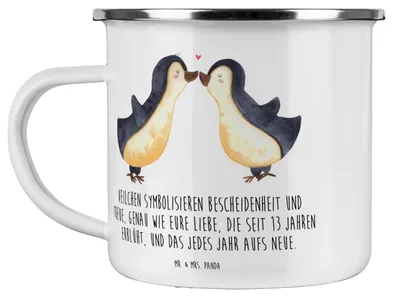 Produktbild von Mr. & Mrs. Panda Pott 13. Hochzeitstag Veilchenhochzeit - Weiß - Geschenk, Geschenke, romantisch, Heirat, becher emaille, Heiraten, Jubiläum, glückliche Ehe, Kaffeepott