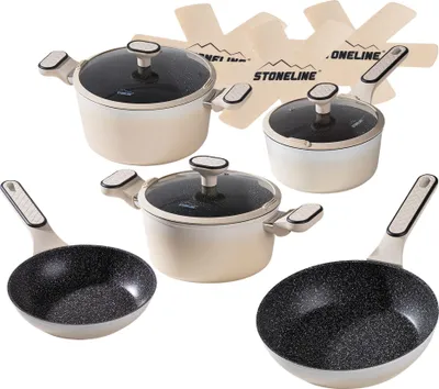 A set of cream-colored cookware with black speckled interiors and glass lids, arranged on a white background. There are also some beige promotional inserts with text and a mountain graphic in the background.