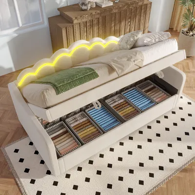 Immagine prodotto di Divano letto - 90 x 200 cm, beige, in velluto e MDF, con illuminazione LED, contenitore a sollevamento idraulico, senza materasso