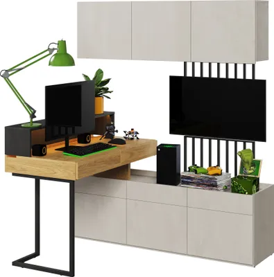 Productafbeelding van MINIO kantoormeubelset FELIX S7, 3-delige set met LED-verlichting | Kleur: Hikora Natural / Silk Flou, met stalen poten