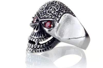 Produktbild von Karisma Edelstahl 316L Ring -Totenkopf skull Bulk Gothic - Hoch Poliert 2 Rote Steine Motiv Kreuz mit Schwarzen Kristallen - SRS
