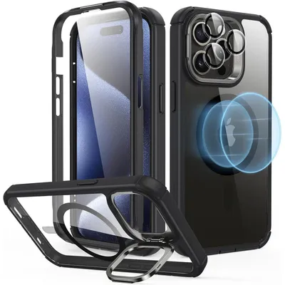 Image de Coque de protection pour iPhone 15 Pro Max, compatible MagSafe, protection à 360°, antichoc, avec support, couleur noire transparente