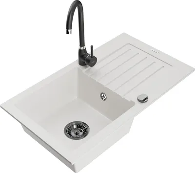 Immagine prodotto di Mexen Pablo lavello in granito 1-vasca con scolapiatti e rubinetto da cucina Telma, bianco - 6510-20-670200-70