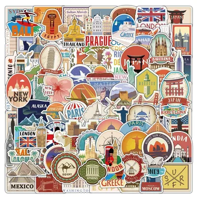 Produktbild von Reise Aufkleber 100 Stück, Welt Symbole Sehenswürdigkeiten, Vinyl, 4-6 cm