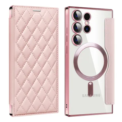 A pink quilted phone case and a clear phone case with a pink frame are shown side-by-side against a white background.