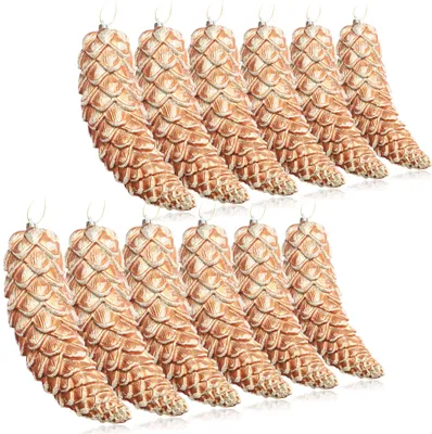 A set of golden pine cone Christmas ornaments arranged in two rows against a white background.