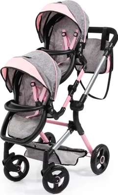 Produktbild von Bayer Design 26233AA Kočík pre bábiky, kočík pre dvojičky, súrodenecký kočík, výškovo nastaviteľný, skladací, kompatibilný s autosedačkou pre bábiky EasyGo, sivý, ružový v džínsovom vzhľade, 46 cm