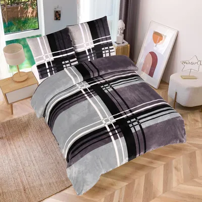 Produktbild von Winter Bettwäsche Teddy Plüsch gestreift modern Kuschelig Flauschig Warm Weich, Größe:3 teilig 200x220 cm, Farbe:grau